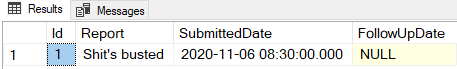 Screenshot of results in SSMS showing date formatted as 2020-11-06 08:30:00.000