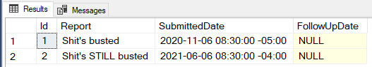 Screenshot of results in SSMS showing date formatted as 2020-11-06 08:30:00 -05:00 and 2021-06-06 08:30:00 -04:00