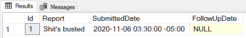 Screenshot of results in SSMS showing date formatted as 2020-11-06 03:30:00 -05:00
