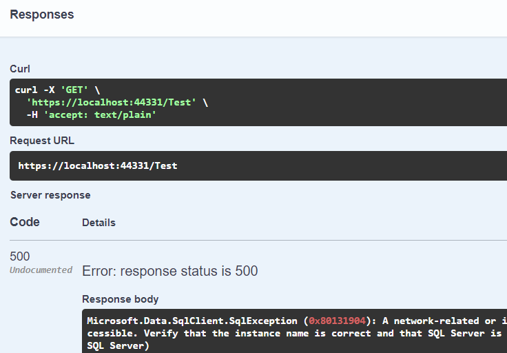 Screenshot of Swagger UI showing a 500 error response